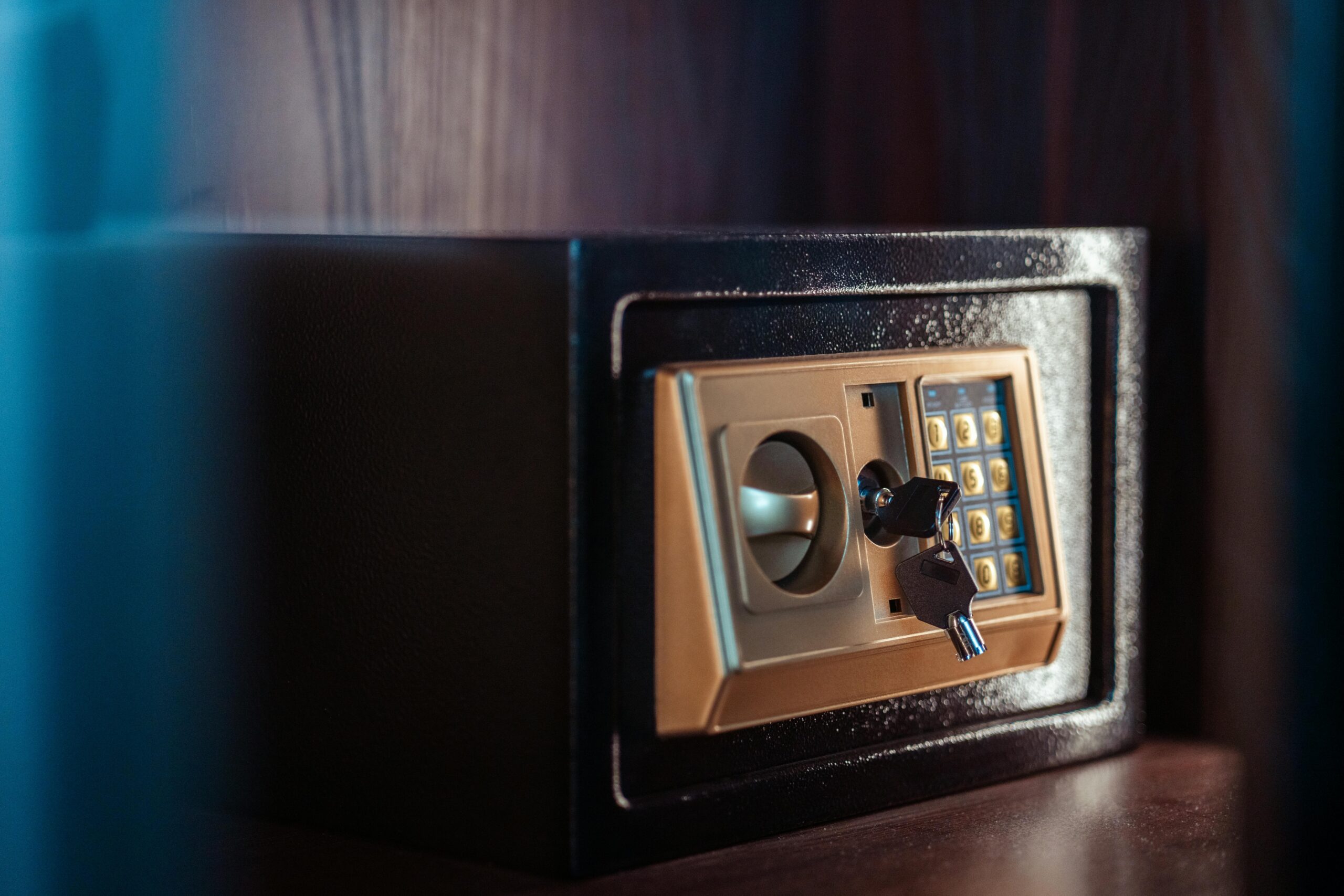 Close-up image of an electronic safe with a key in Baghdad, Iraq.
